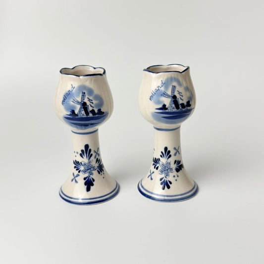 Delft Holland håndmalede lysestager med vindmøllemotiv – sæt
