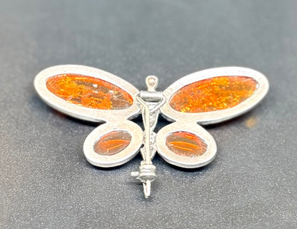 Broche i 925 sølv med baltisk rav – sommerfugl, vintage