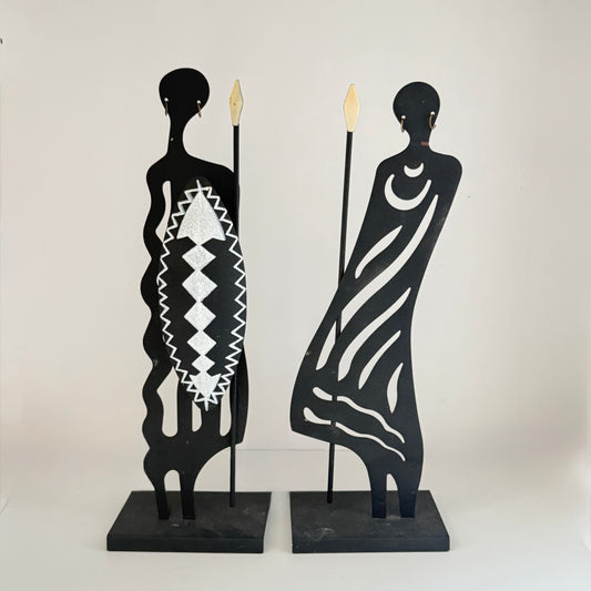 Afrikanske krigerstatuer i metal – sæt med 2