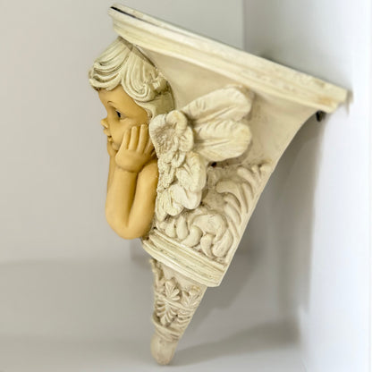 Vintage vægkonsol med engel - cherub i polyresin 22 cm