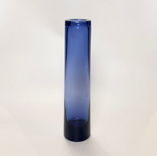 Holmegaard sapphire cylindrical vase in sapphire blue glass, 30.5 cm, designed by Per Lütken - with YMCA Scout engraving