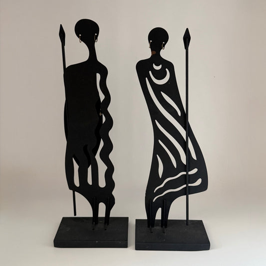Afrikanske krigerstatuer i metal – sæt med 2