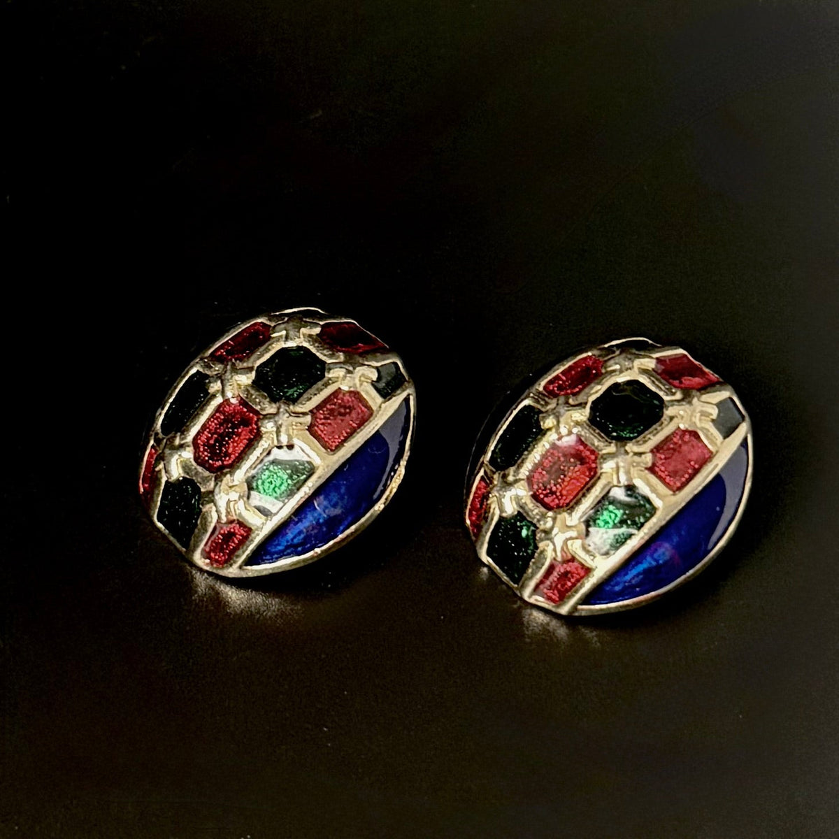 Vintage clip - on øreringe med poured glass i blå, rød og grøn – 80’er design - Frøken Lilly