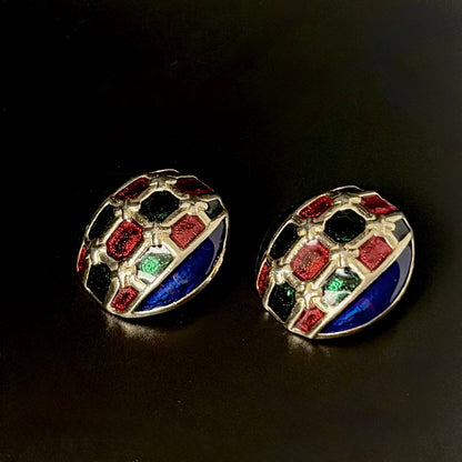 Vintage clip - on øreringe med poured glass i blå, rød og grøn – 80’er design - Frøken Lilly