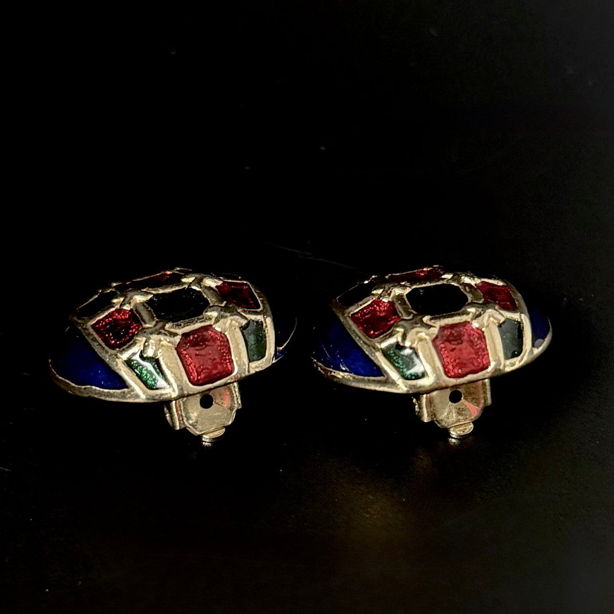Vintage clip - on øreringe med poured glass i blå, rød og grøn – 80’er design - Frøken Lilly
